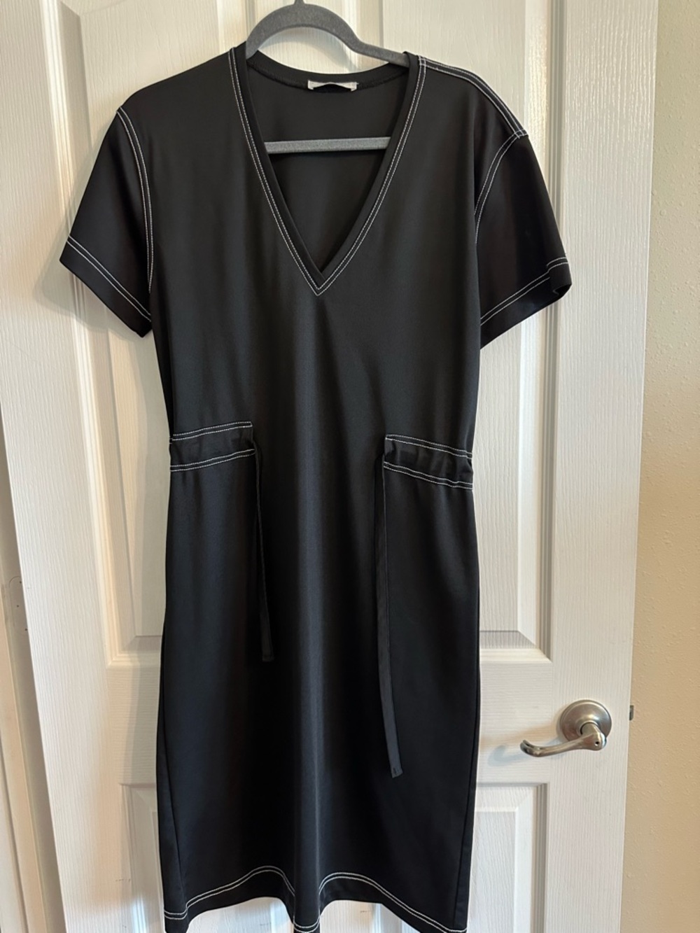 Zara Black V-Neck Midi Dress with Contrast Stitching